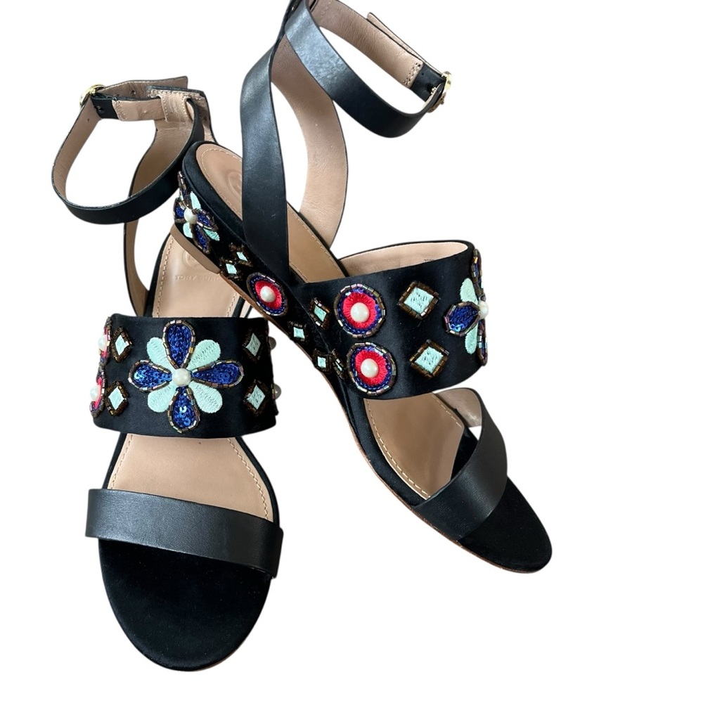 Tory Burch Estella Embellished Wedge Sandals Sequins & Embroidery Size 7M - Picture 11 of 12